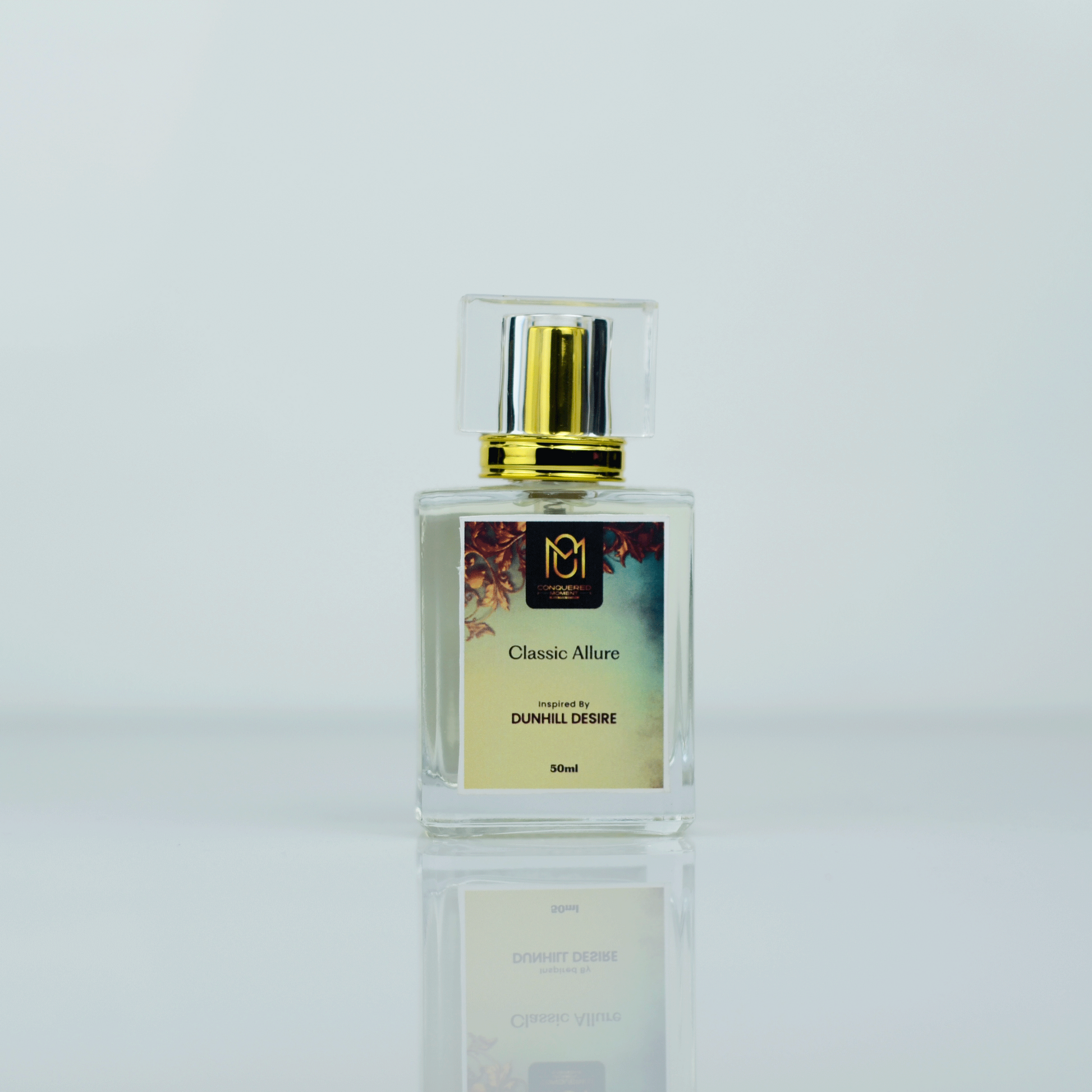 Perfume bottle with gold cap on a light gray background