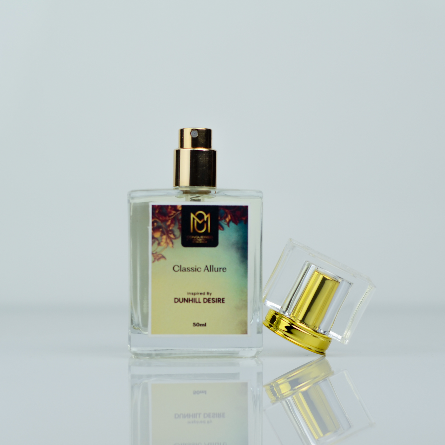 Perfume bottle with gold cap on a light gray background