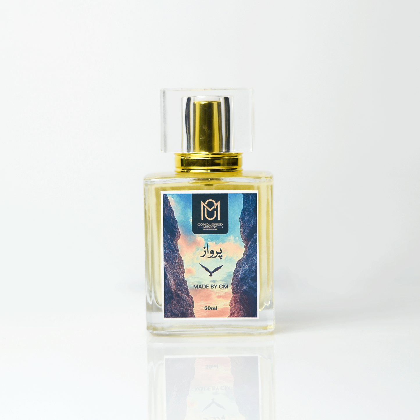 Perfume bottle with gold cap on a white background